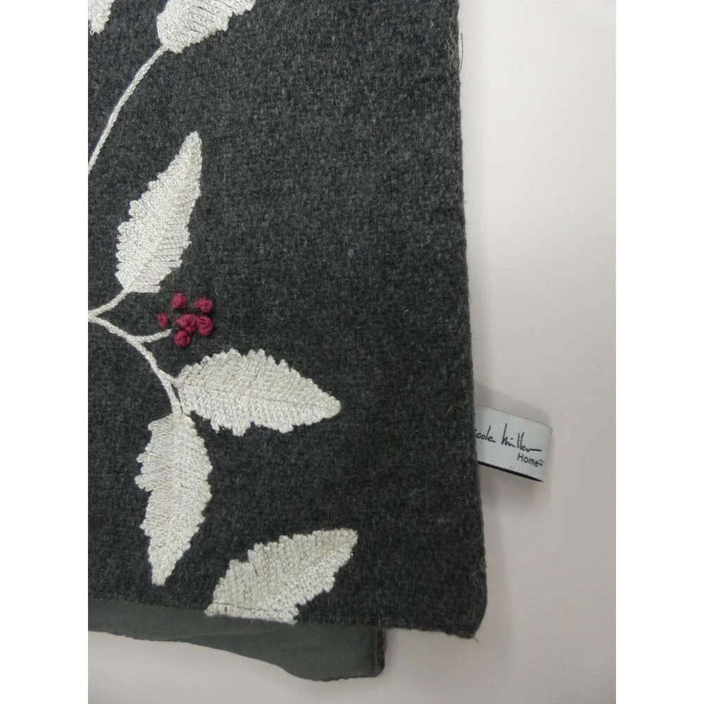 Nicole Miller Home Wool Blend Table Runner Grey Leaf Berry Embroidered 69